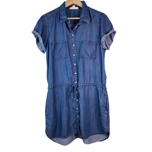 Lovestitch Women's Size L Blue Chambray Tie Waist Short Sleeve Shirt Dress - Picture 1 of 6